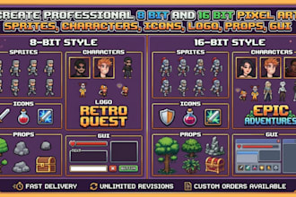 create 8 bit and 16 bit pixel art sprites, characters, icons, logo, props, gui