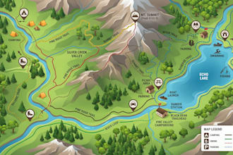 design hiking map, trail map, park map, and outdoor adventure location map