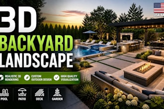 design photorealistic 3d rendering for backyard landscape pool patio deck garden