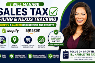 manage sales tax filing, nexus tracking, shopify amazon bookkeeping and reports