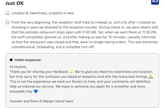 write professional hotel and restaurant review replies in english and arabic