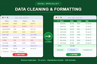 do excel data cleaning, formulas, dashboard and automation