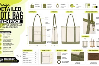 design detailed tote bag tech pack for canvas leather and custom production