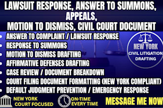 draft new york lawsuit response, answer to summons, appeals, motion to dismiss
