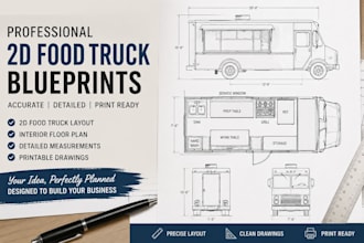 design 2d food truck blueprints, 3d truck model and printable cad drawings