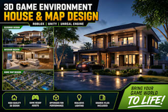 design 3d game environment, house map, roblox build, unity unreal, game house