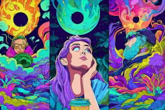 create colorful psychedelic and trippy style illustration