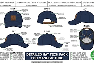 do cap tech pack hat design and headwear tech pack for factory production