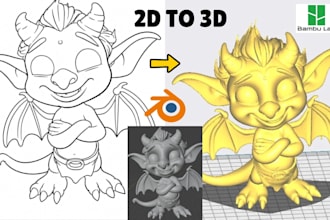 convert 2d image, photo or sketch to 3d model stl file for figurines 3d printing