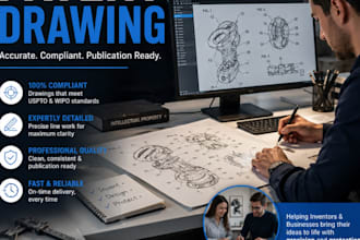 draw uspto compliant patent drawing, technical line art for utility designs