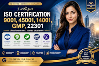 give iso 9001, 45001, 13001, gmp, 22301 iso certification