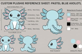 create a detailed custom plush toy reference sheet and stuffed animal tech pack