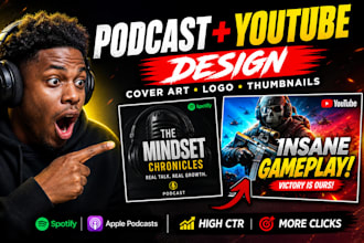 design professional podcast cover art, logo and eye catching youtube gaming