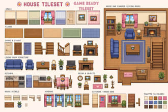 create cozy pixel art tileset game assets for 2d game, rpg, interior environment