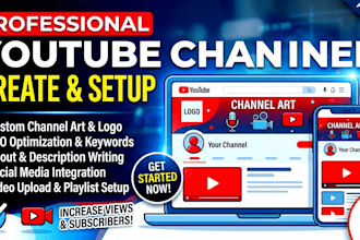 create, setup youtube channel with logo, banner, intro,outro