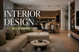 design a modern interior with 3d render and layout