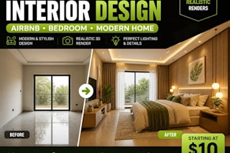 design realistic 3d interior for airbnb, bedroom, kitching, and modern apartment
