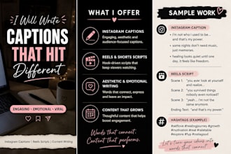 write engaging captions, reels scripts and aesthetic content