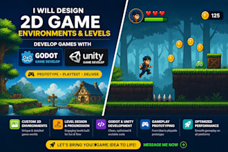create 2d game development in godot or unity with environments and levels design