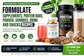 formulate supplements, protein bars, powder, gummies, drink and snacks recipes