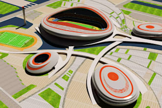 design realistic 3d stadium, football pitch, race track and modern sports arena