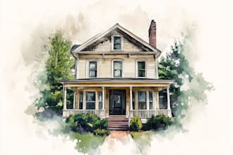 handmade watercolor painting of house, building