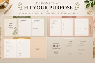 design journals, planners, workbooks and printable pdfs
