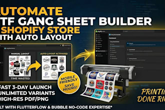 build dtf gang sheet builder shopify store website sublimation with auto layout