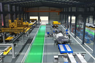 make 3d bottle water factory layout, warehouse animation render, and floor plan