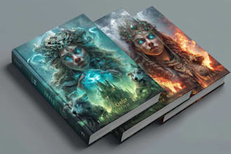 craft a mythical fantasy book cover with cinematic details