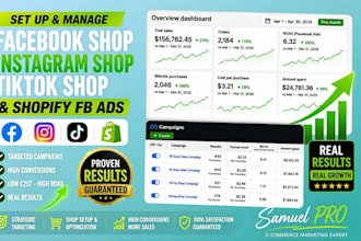 set up facebook shop, instagram shop, tiktok shop and shopify fb ads campaign