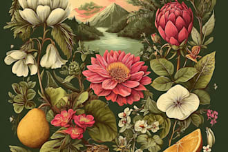 paint botanical illustration plants, fruits, flowers, vegetables, herbs, leaves