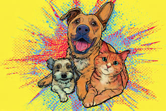 draw cartoon pop art portrait of your dog, cat, pet