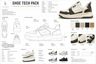 design custom shoe tech pack, sneakers, palm footwear with flat sketches
