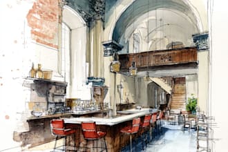 design your interior sketch into a watercolor drawing