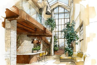 design your interior sketch into a watercolor drawing