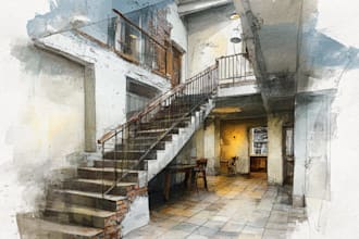 create interior illustration with watercolour style handmade