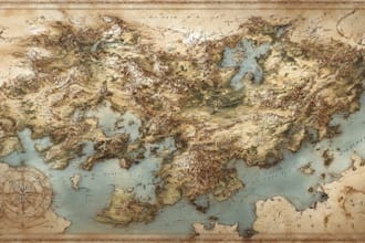 draw a detailed hand drawn fantasy map for your