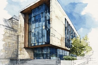 sketch architecture building with watercolor rendering
