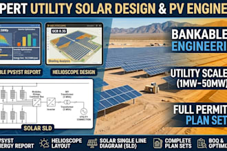 create utility scale solar design, pvsyst report, helioscope, and sld plan set
