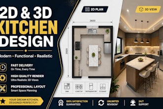 create modern 2d floor plan and 3d kitchen design