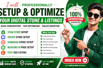 setup stan store payhip, gumroad landing page  beacons ai etsy seo listing