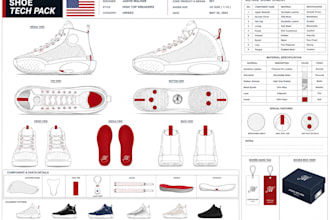 design creative shoe sneaker footwear tech pack for manufacturing or brand