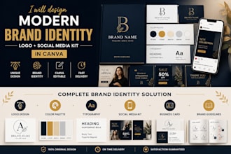 design modern brand identity, logo, social media kit in canva