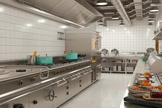 optimize 3d commercial kitchen interior, industrial cooking space, layout render
