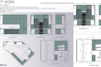 design high end 2d drawing, 3d render for laundry, mudroom, study and gym room