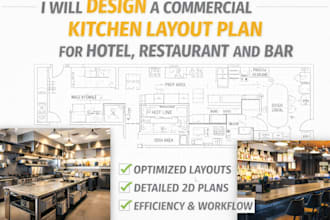 design a commercial kitchen layout plan for hotel, restaurant and bar