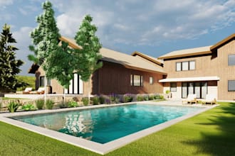 3d modern villa design,exterior visualize,backyard landscape,pool area, driveway