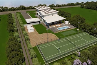 modern architectural housing,lawn landscape design,tennis court,aerial rendering