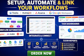 setup, automate, link workflows with trello, hubspot, asana and google workspace